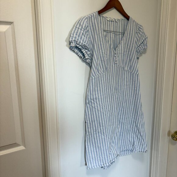 Blumind Linen Blend Dress Striped Summer Dress Junior Size 9 White Blue Buttons - Picture 3 of 14